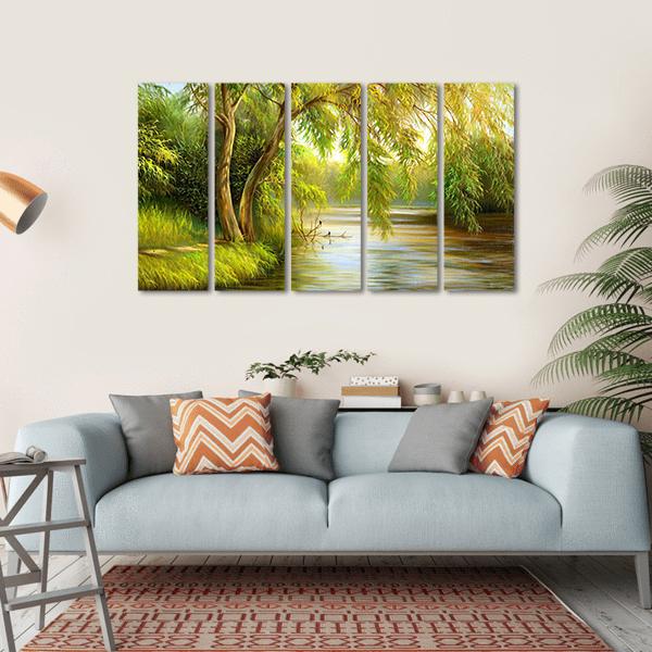 Summer Wood Lake With Trees Canvas Wall Art-5 Horizontal-Gallery Wrap-22" x 12"-Tiaracle