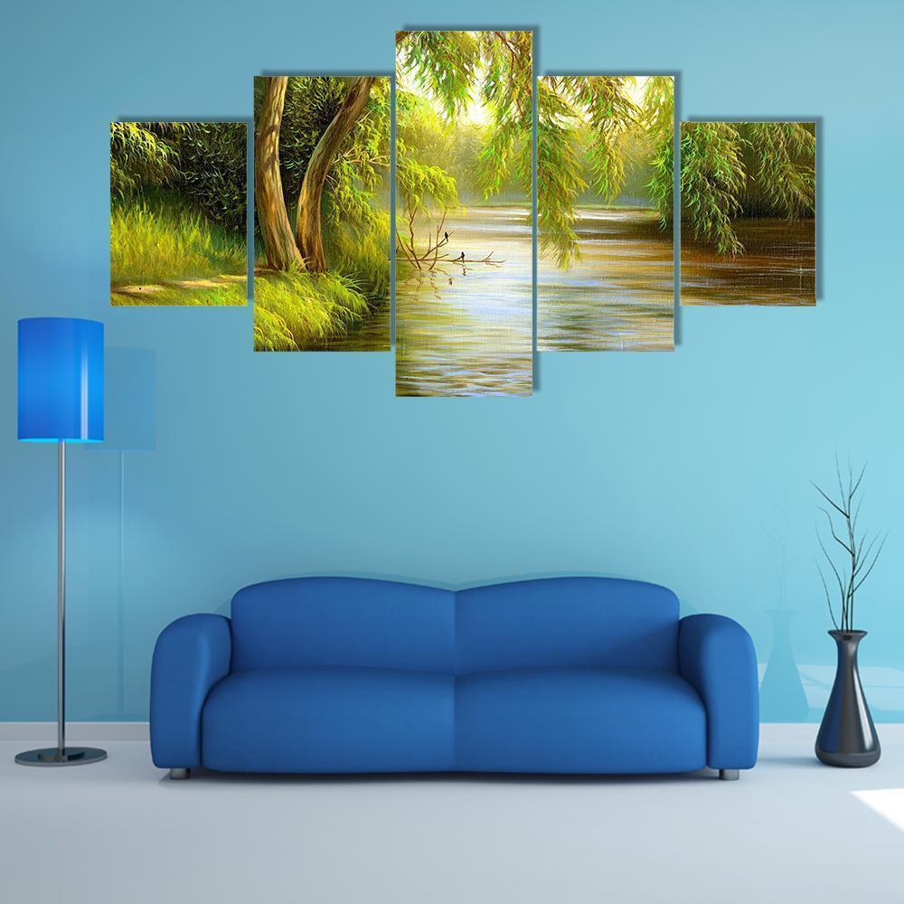 Summer Wood Lake With Trees Canvas Wall Art-5 Star-Gallery Wrap-62" x 32"-Tiaracle