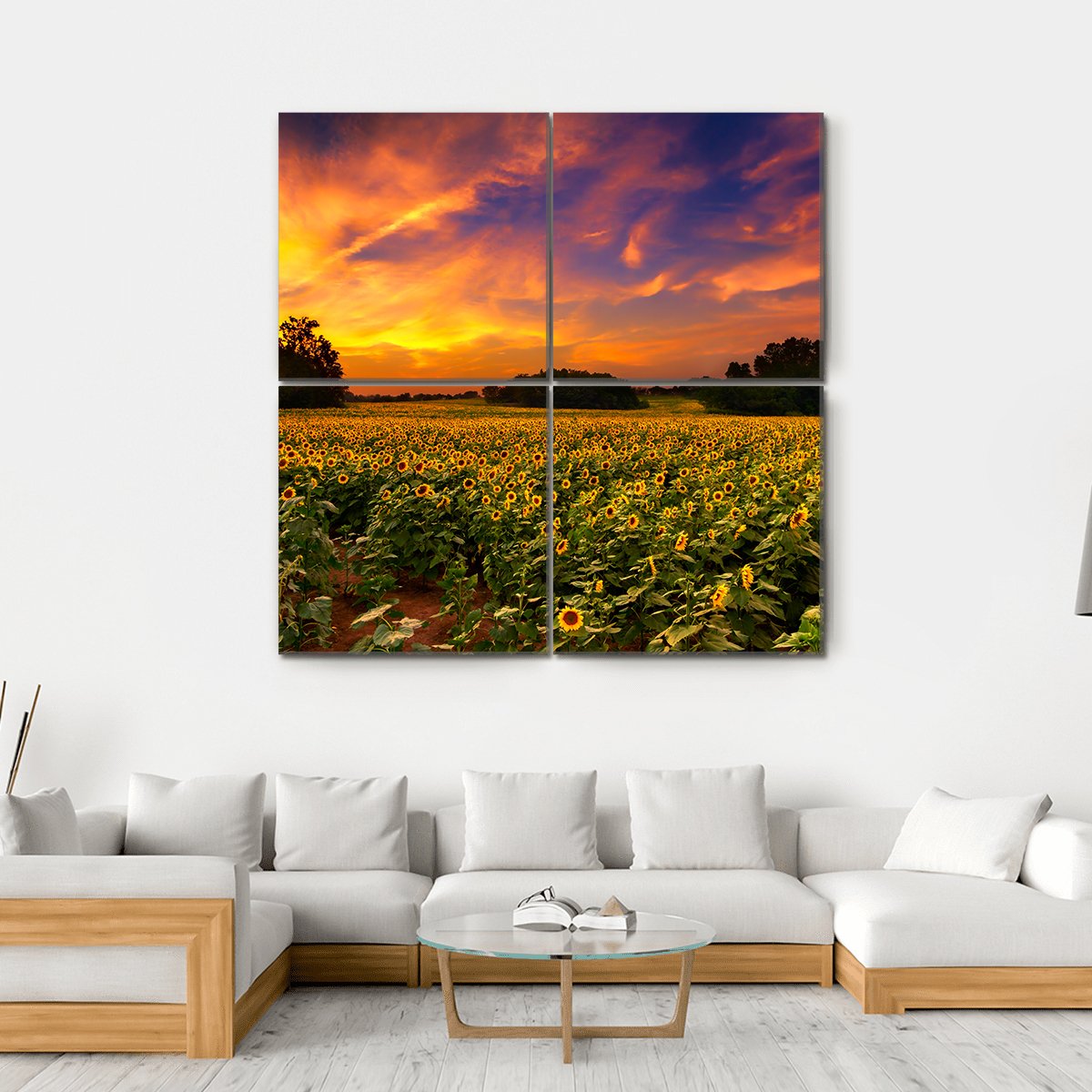 Sun Flower Field In Kansas With Sunset Canvas Wall Art-4 Square-Gallery Wrap-17" x 17"-Tiaracle