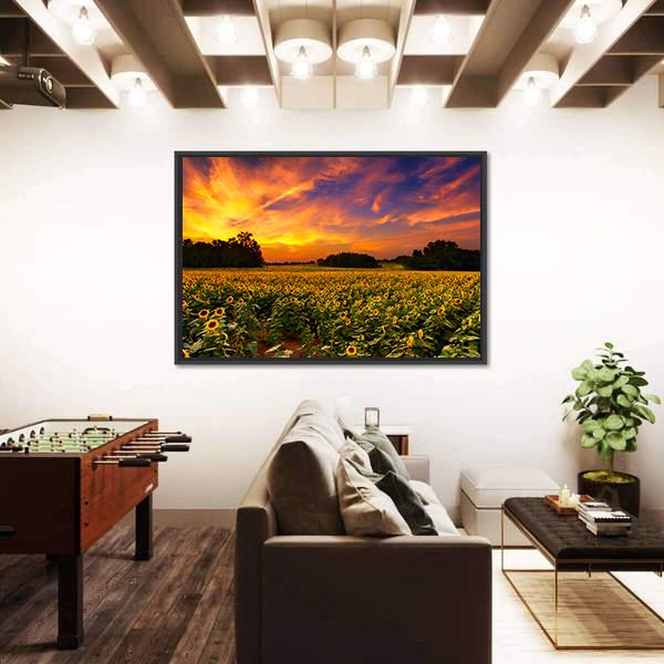 Sun Flower Field In Kansas With Sunset Canvas Wall Art-3 Horizontal-Gallery Wrap-25" x 16"-Tiaracle