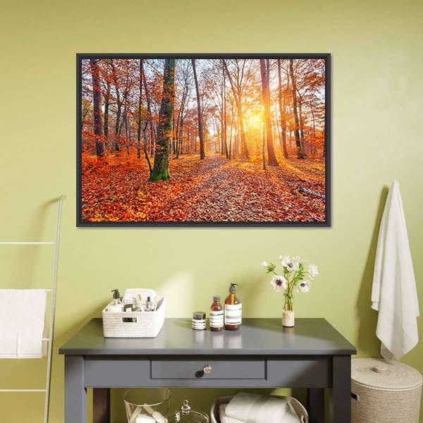 Sun In Autumn Forest Canvas Wall Art-1 Piece-Floating Frame-24" x 16"-Tiaracle