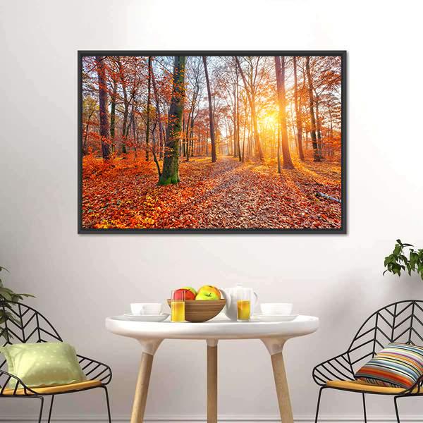 Sun In Autumn Forest Canvas Wall Art-3 Horizontal-Gallery Wrap-25" x 16"-Tiaracle