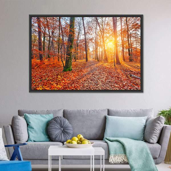 Sun In Autumn Forest Canvas Wall Art-3 Horizontal-Gallery Wrap-25" x 16"-Tiaracle