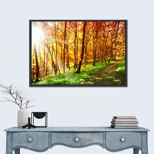 Sun in the Autumn Forest Canvas Wall Art in orange, yellow and green, framed canvas, product view on a white background