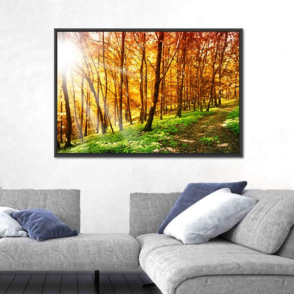 Sun In The Autumn Forest Canvas Wall Art-3 Horizontal-Gallery Wrap-25" x 16"-Tiaracle