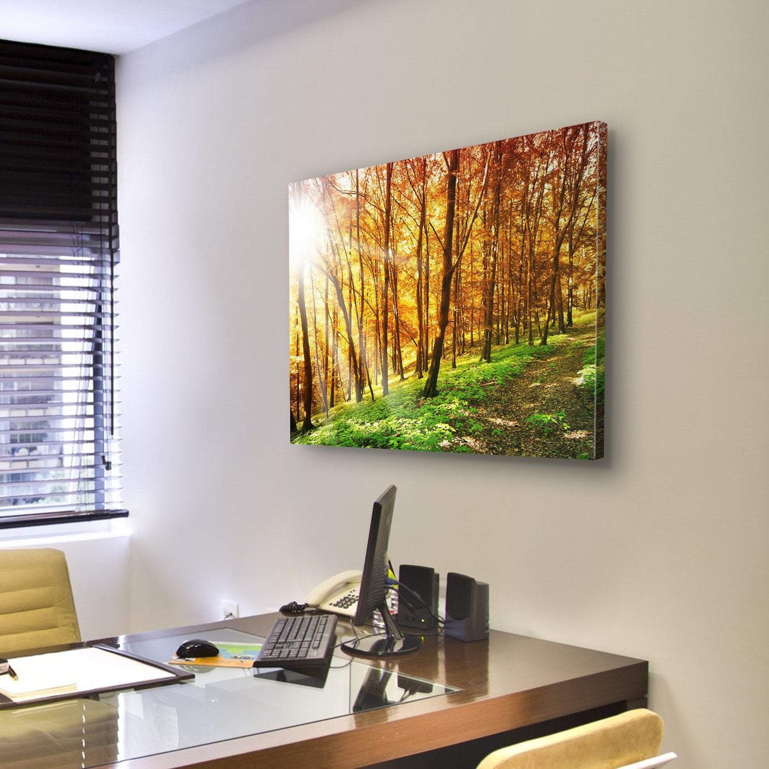 Sun In The Autumn Forest Canvas Wall Art-4 Pop-Gallery Wrap-50" x 32"-Tiaracle