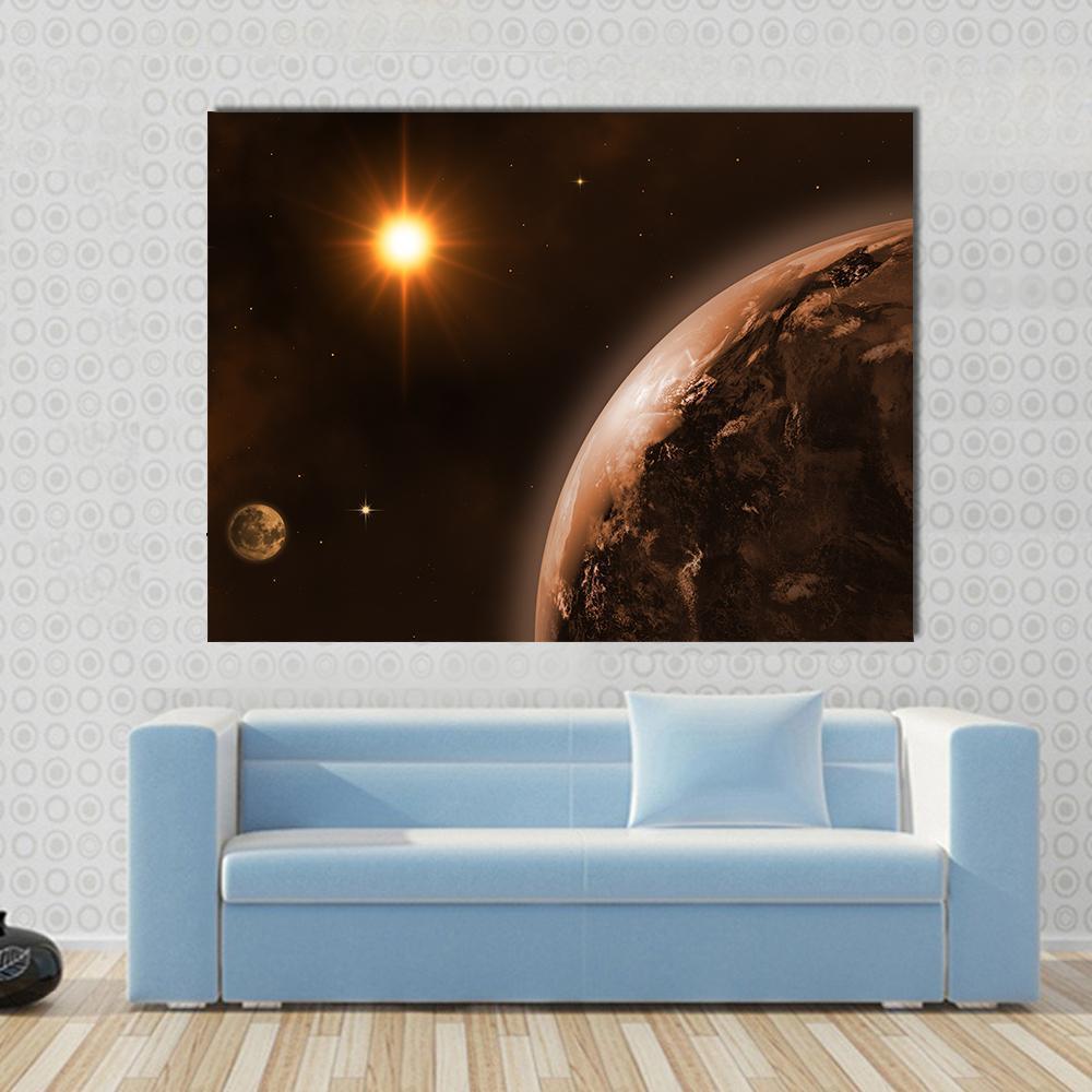 Sun Moon and Earth Canvas Wall Art in black, brown and orange, single panel hung on a wall