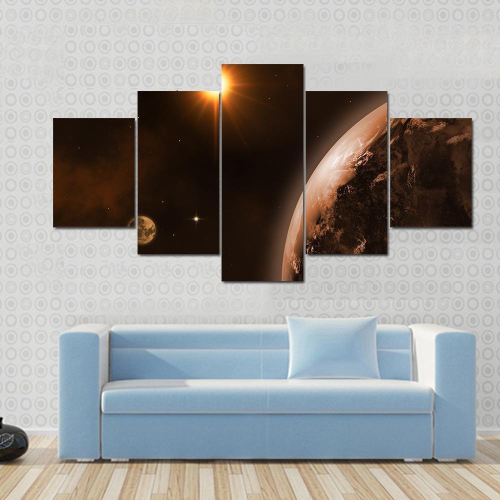 Sun Moon & Earth Canvas Wall Art-5 Star-Gallery Wrap-62" x 32"-Tiaracle