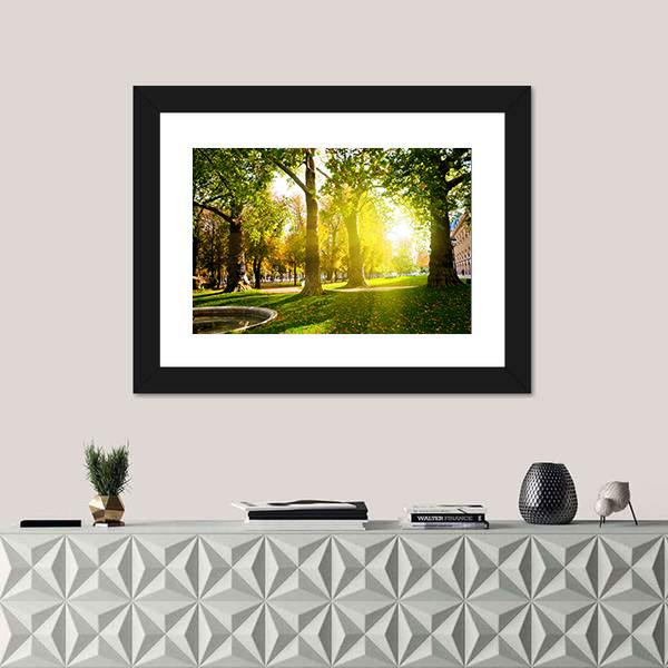 Sun Rays In Green Park Canvas Wall Art-1 Piece-Framed Print-20" x 16"-Tiaracle