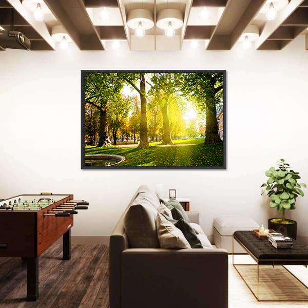 Sun Rays In Green Park Canvas Wall Art-3 Horizontal-Gallery Wrap-25" x 16"-Tiaracle