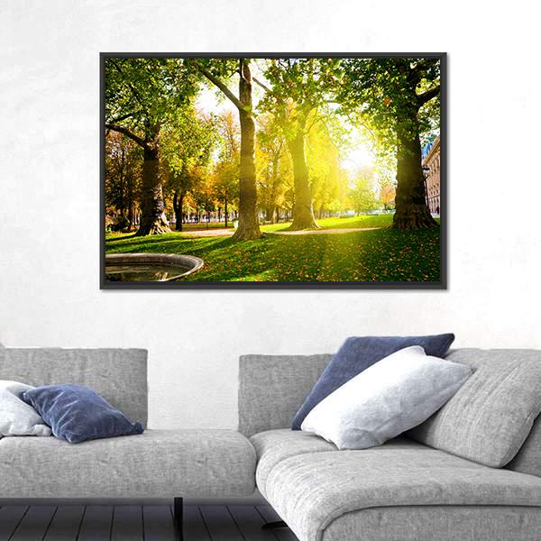 Sun Rays In Green Park Canvas Wall Art-3 Horizontal-Gallery Wrap-25" x 16"-Tiaracle