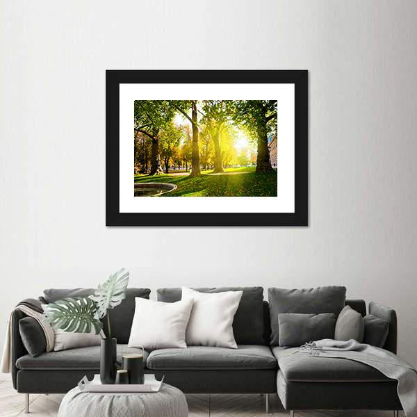 Sun Rays In Green Park Canvas Wall Art-3 Horizontal-Gallery Wrap-25" x 16"-Tiaracle