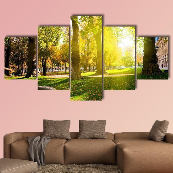 Sun Rays In Green Park Canvas Wall Art-5 Star-Gallery Wrap-62" x 32"-Tiaracle