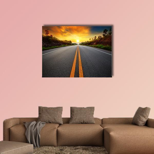Sun Rising Sky With Asphalt Highways Road Canvas Wall Art-1 Piece-Gallery Wrap-36&quot; x 24&quot;-Tiaracle
