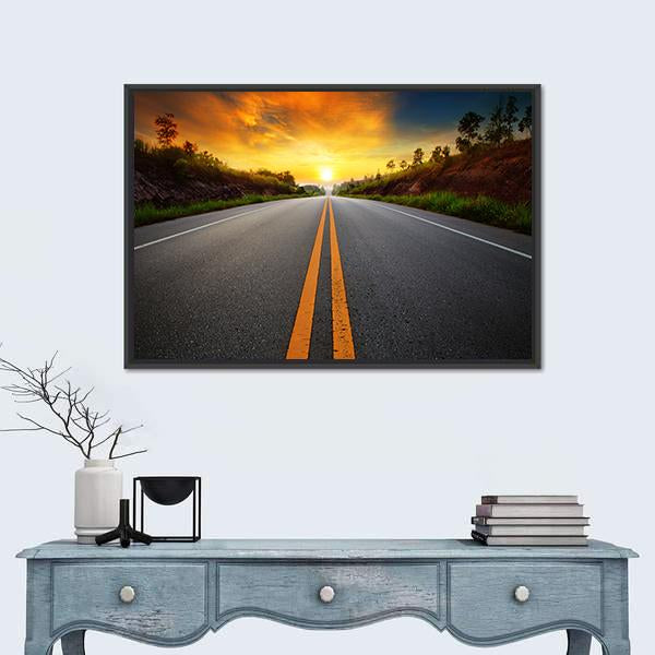Sun Rising Sky With Asphalt Highways Road Canvas Wall Art-1 Piece-Floating Frame-24" x 16"-Tiaracle