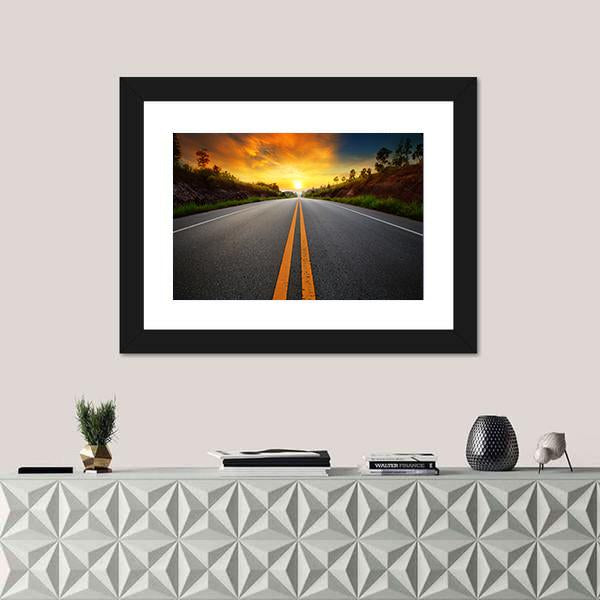 Sun Rising Sky With Asphalt Highways Road Canvas Wall Art-1 Piece-Framed Print-20" x 16"-Tiaracle