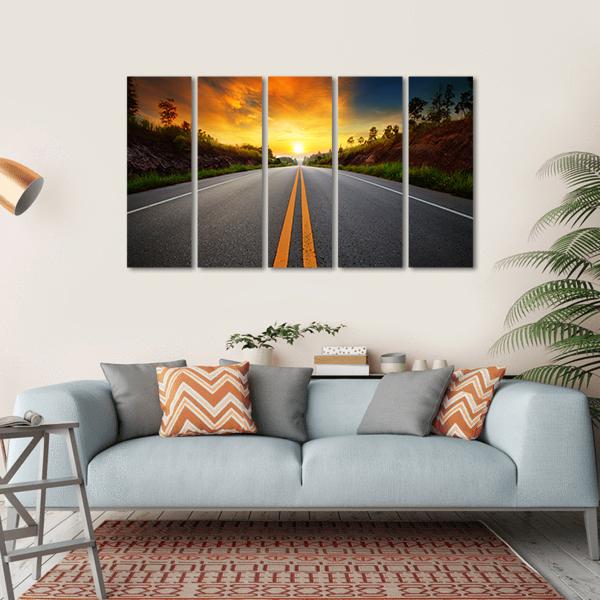 Sun Rising Sky With Asphalt Highways Road Canvas Wall Art-5 Horizontal-Gallery Wrap-22&quot; x 12&quot;-Tiaracle