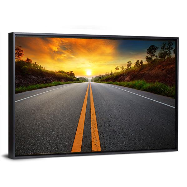 Sun Rising Sky With Asphalt Highways Road Canvas Wall Art-3 Horizontal-Gallery Wrap-25" x 16"-Tiaracle