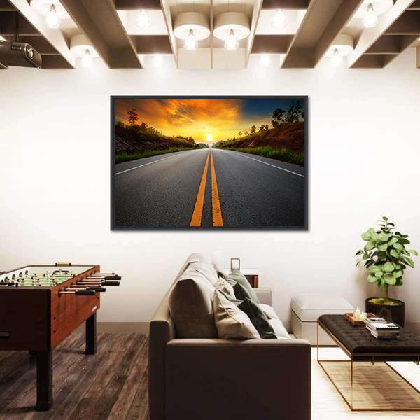Sun Rising Sky With Asphalt Highways Road Canvas Wall Art-3 Horizontal-Gallery Wrap-25" x 16"-Tiaracle