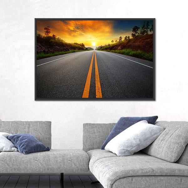 Sun Rising Sky With Asphalt Highways Road Canvas Wall Art-3 Horizontal-Gallery Wrap-25" x 16"-Tiaracle