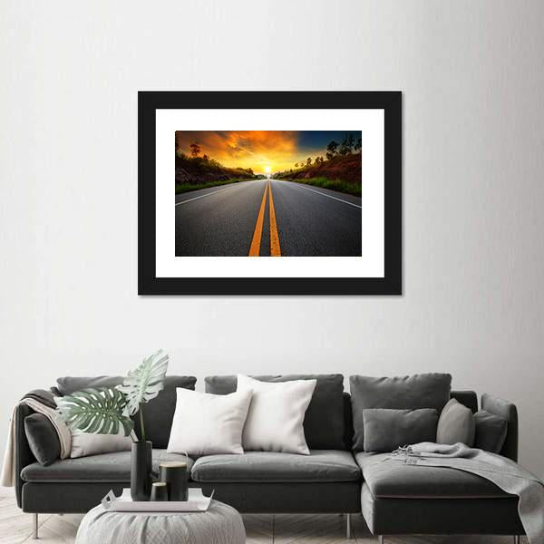 Sun Rising Sky With Asphalt Highways Road Canvas Wall Art-3 Horizontal-Gallery Wrap-25" x 16"-Tiaracle