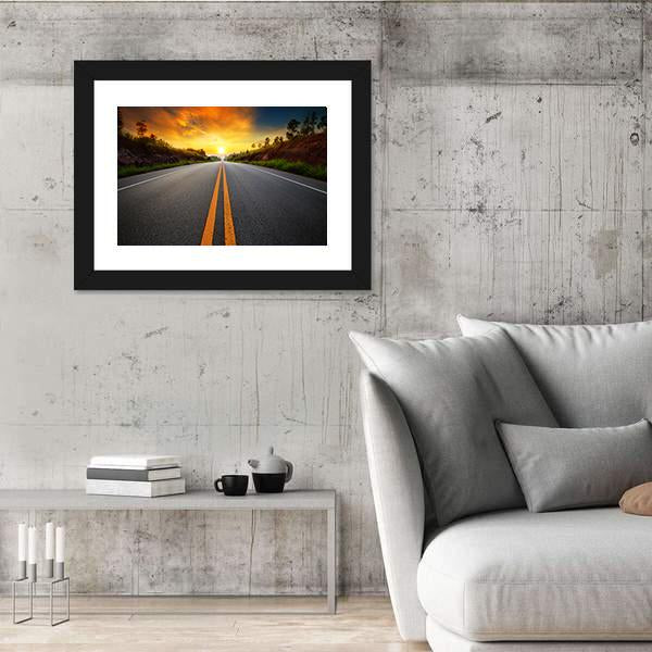 Sun Rising Sky With Asphalt Highways Road Canvas Wall Art-3 Horizontal-Gallery Wrap-25" x 16"-Tiaracle