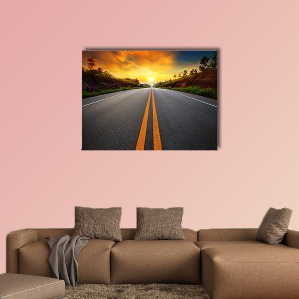 Sun Rising Sky With Asphalt Highways Road Canvas Wall Art-5 Star-Gallery Wrap-62" x 32"-Tiaracle