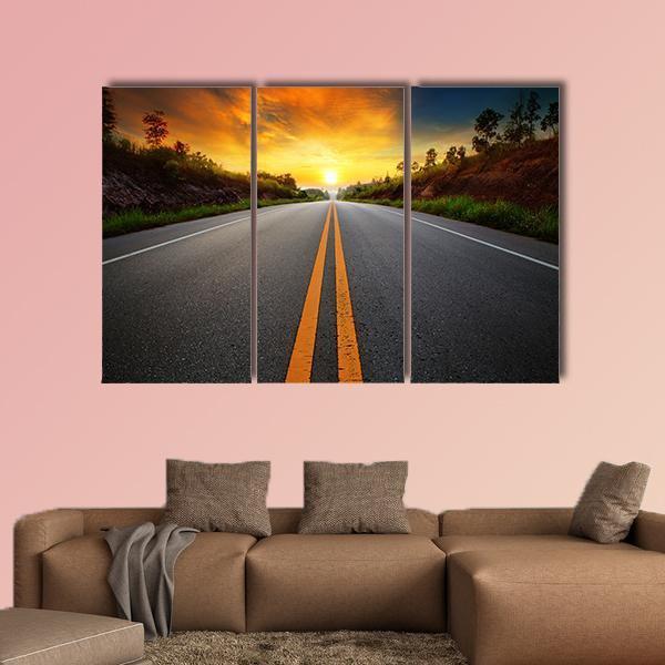 Sun Rising Sky With Asphalt Highways Road Canvas Wall Art-3 Horizontal-Gallery Wrap-37" x 24"-Tiaracle