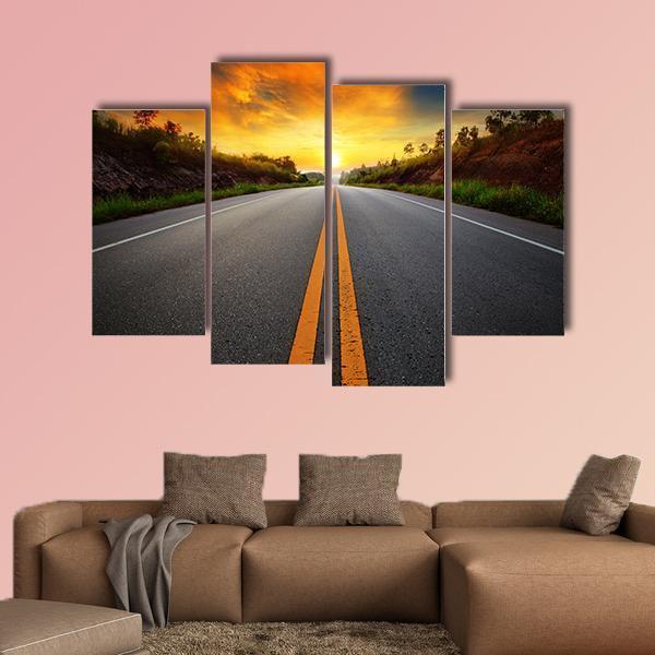 Sun Rising Sky With Asphalt Highways Road Canvas Wall Art-4 Pop-Gallery Wrap-50" x 32"-Tiaracle
