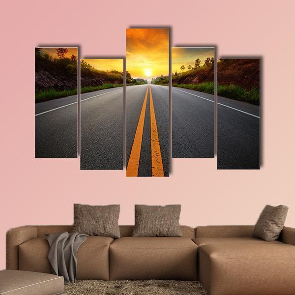 Sun Rising Sky With Asphalt Highways Road Canvas Wall Art-5 Pop-Gallery Wrap-47" x 32"-Tiaracle