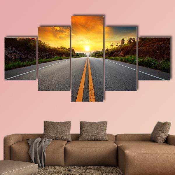 Sun Rising Sky With Asphalt Highways Road Canvas Wall Art-5 Star-Gallery Wrap-62" x 32"-Tiaracle