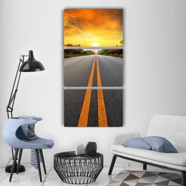 Sun Rising Sky With Asphalt Highways Vertical Canvas Wall Art-3 Vertical-Gallery Wrap-12" x 25"-Tiaracle
