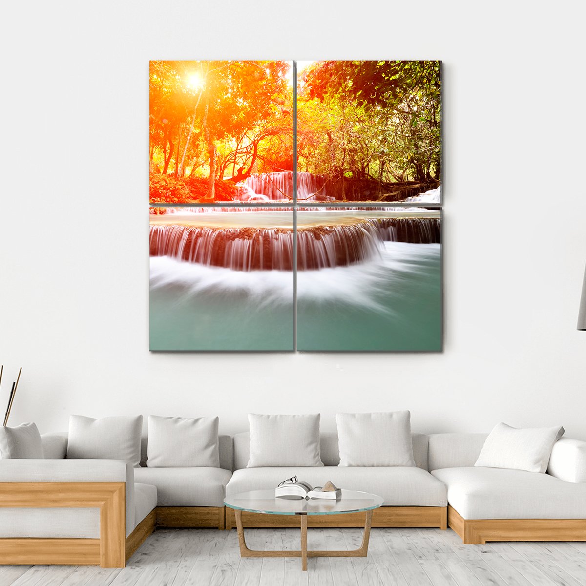 Sun Shines At Tadklangsi Waterfall Canvas Wall Art-4 Square-Gallery Wrap-17" x 17"-Tiaracle