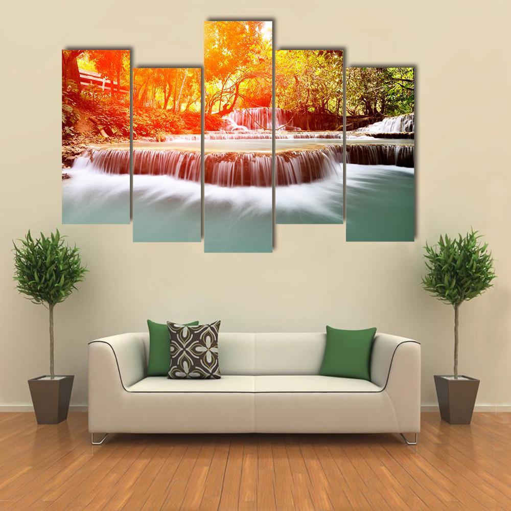 Sun Shines At Tadklangsi Waterfall Canvas Wall Art-5 Pop-Gallery Wrap-47" x 32"-Tiaracle