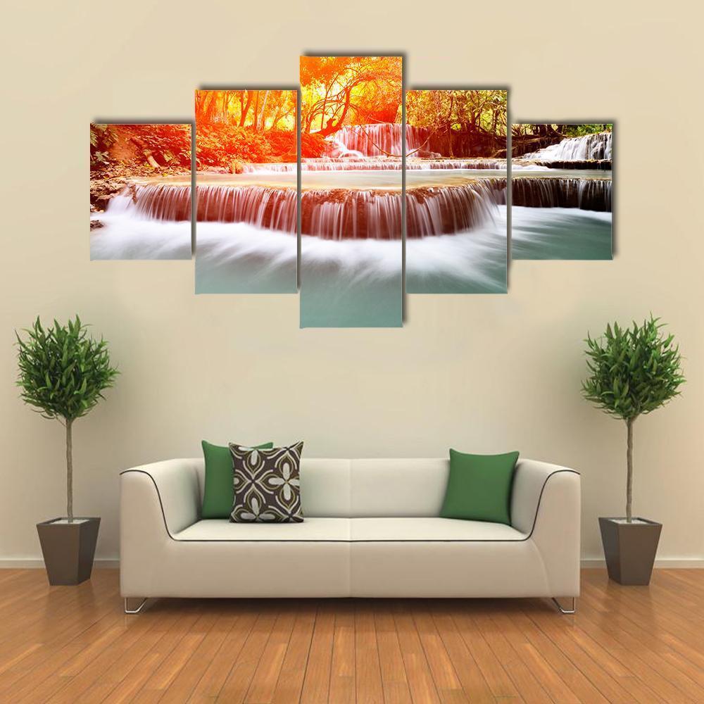Sun Shines At Tadklangsi Waterfall Canvas Wall Art-5 Star-Gallery Wrap-62" x 32"-Tiaracle