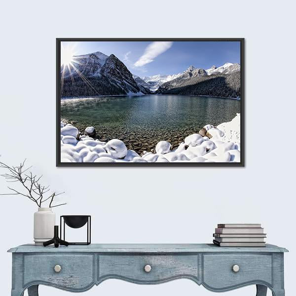 Sun Shining Over Lake Louise With Mountains Canvas Wall Art-1 Piece-Floating Frame-24" x 16"-Tiaracle