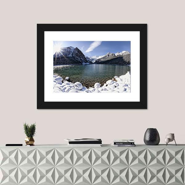 Sun Shining Over Lake Louise With Mountains Canvas Wall Art-1 Piece-Framed Print-20" x 16"-Tiaracle