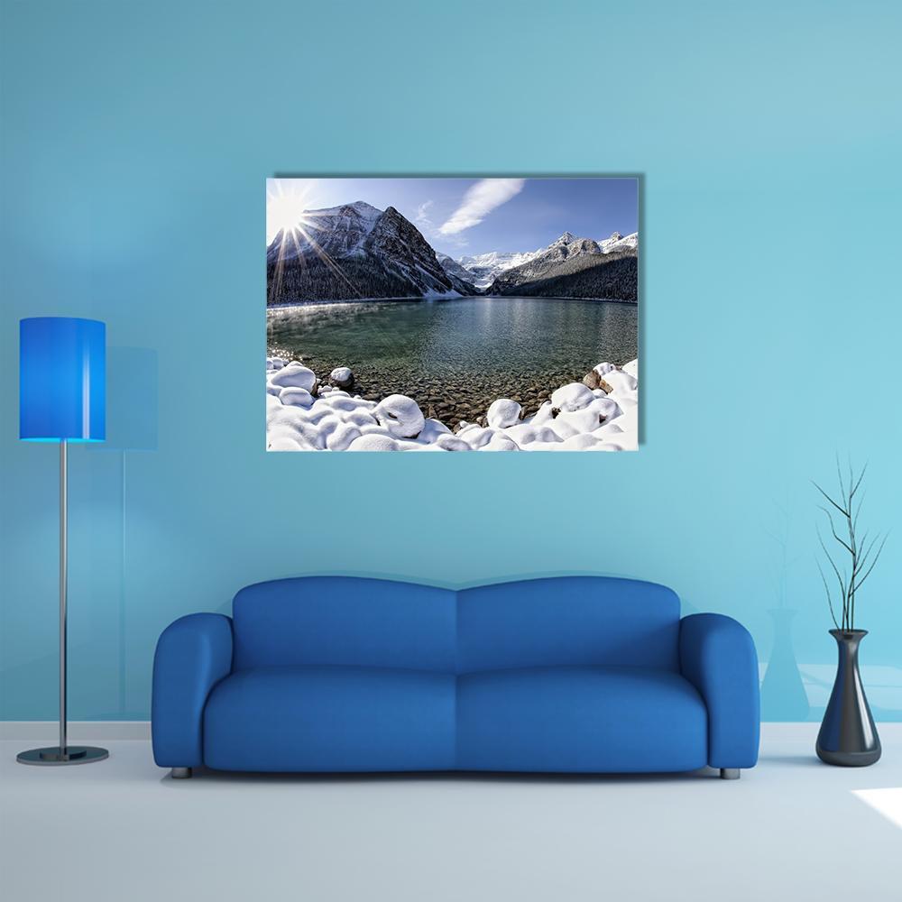 Sun Shining Over Lake Louise With Mountains Canvas Wall Art-1 Piece-Gallery Wrap-48" x 32"-Tiaracle