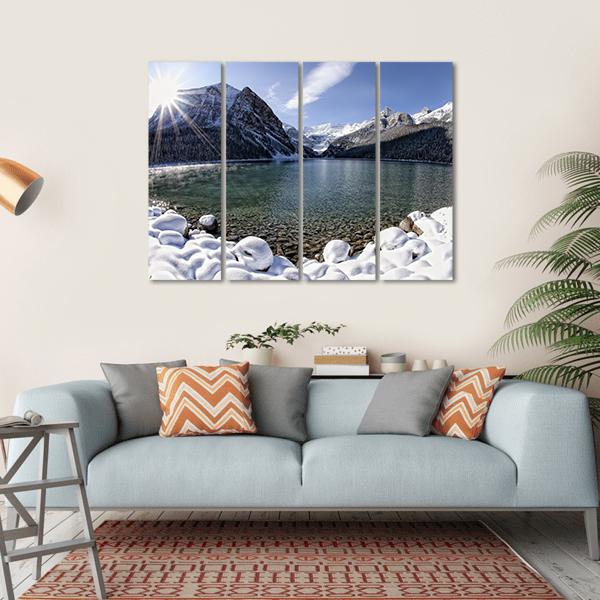 Sun Shining Over Lake Louise With Mountains Canvas Wall Art-4 Horizontal-Gallery Wrap-34" x 24"-Tiaracle