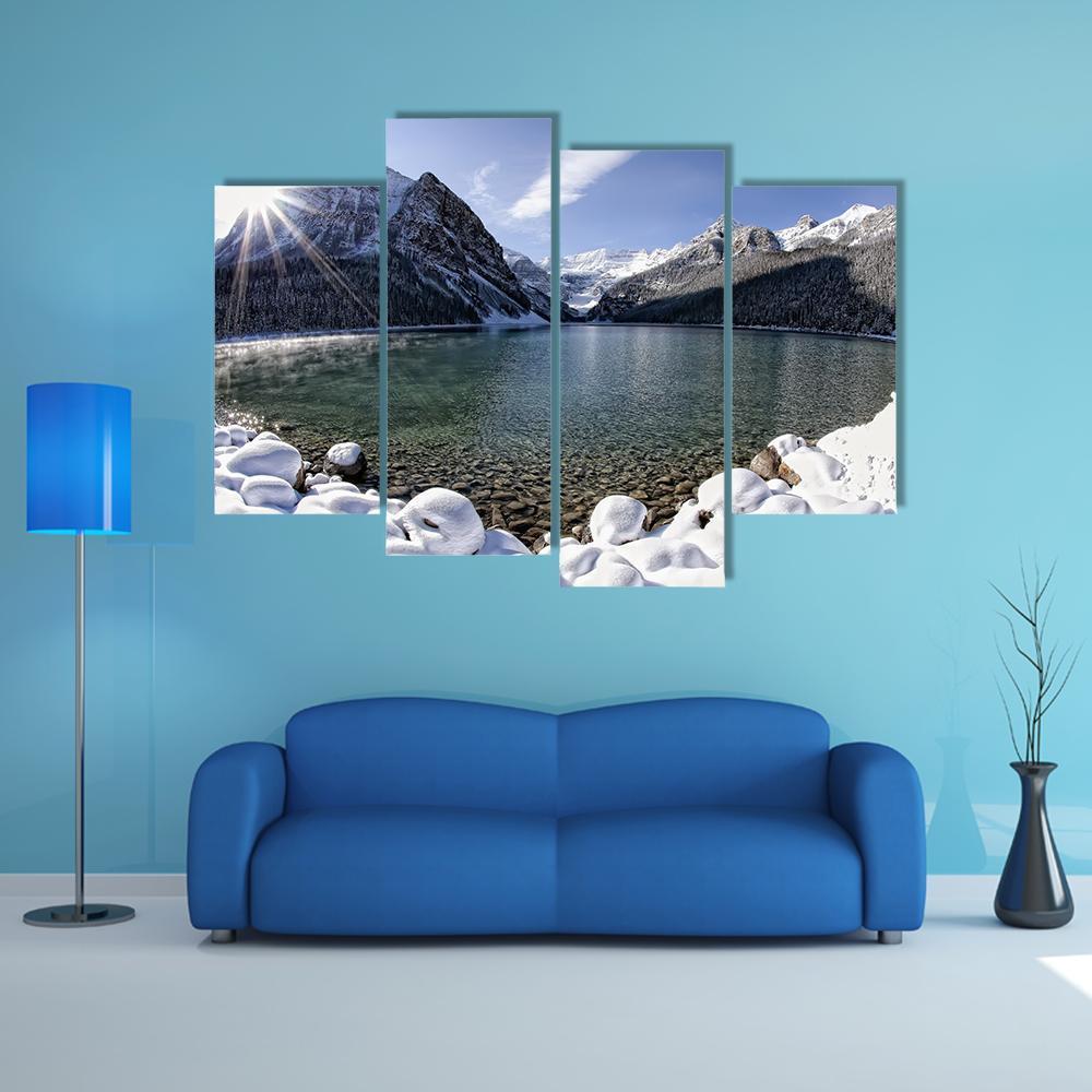 Sun Shining Over Lake Louise With Mountains Canvas Wall Art-4 Pop-Gallery Wrap-50" x 32"-Tiaracle