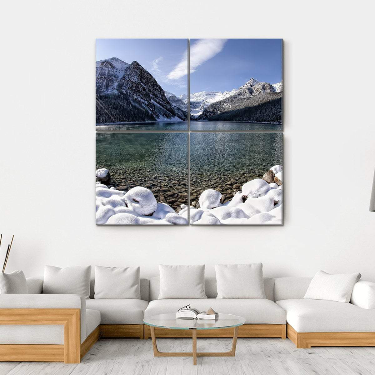 Sun Shining Over Lake Louise With Mountains Canvas Wall Art-4 Square-Gallery Wrap-17" x 17"-Tiaracle