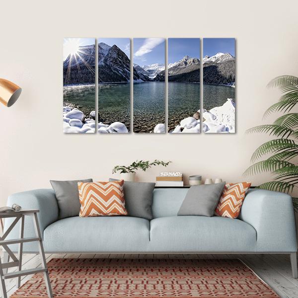 Sun Shining Over Lake Louise With Mountains Canvas Wall Art-5 Horizontal-Gallery Wrap-22" x 12"-Tiaracle
