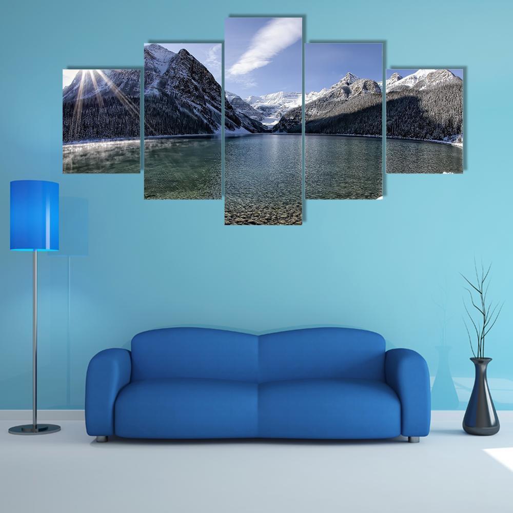 Sun Shining Over Lake Louise With Mountains Canvas Wall Art-1 Piece-Gallery Wrap-48" x 32"-Tiaracle