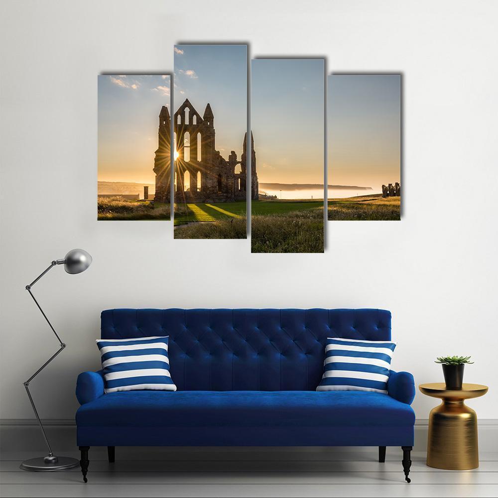 Sun Star On Whitby Abbey Canvas Wall Art-4 Pop-Gallery Wrap-50" x 32"-Tiaracle