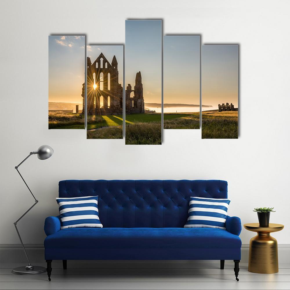 Sun Star On Whitby Abbey Canvas Wall Art-5 Pop-Gallery Wrap-47" x 32"-Tiaracle