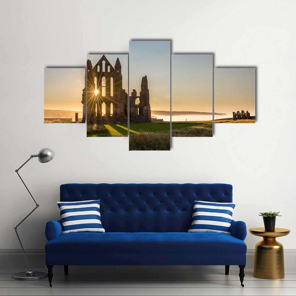 Sun Star On Whitby Abbey Canvas Wall Art-5 Star-Gallery Wrap-62" x 32"-Tiaracle