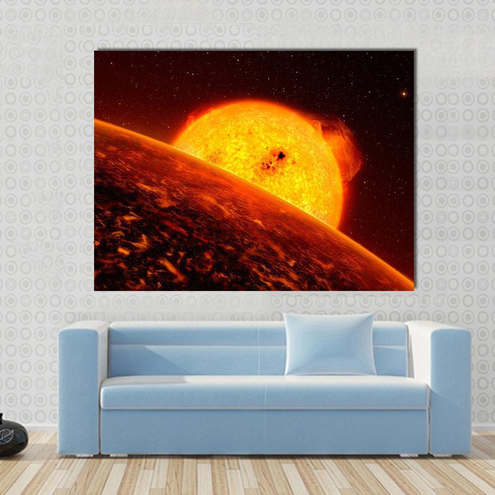 Sun View from Mercury Canvas Wall Art in black, orange and yellow, single panel hung on a wall