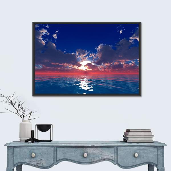 Sun With Rays In Clouds Over Ocean Sunset Canvas Wall Art-1 Piece-Floating Frame-24" x 16"-Tiaracle