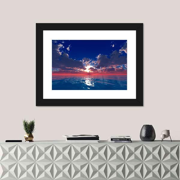 Sun With Rays In Clouds Over Ocean Sunset Canvas Wall Art-1 Piece-Framed Print-20" x 16"-Tiaracle