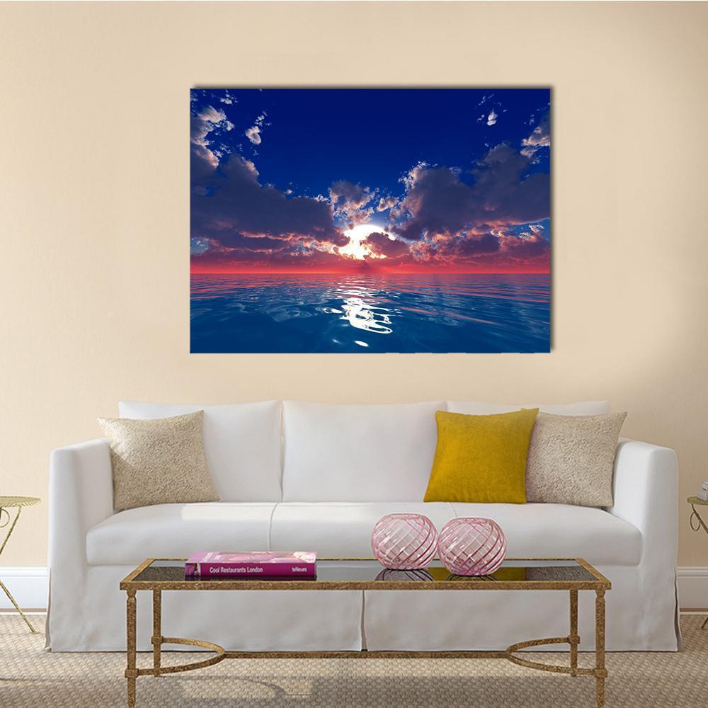 Sun Rays Over Ocean at Sunset Canvas Wall Art in red, orange and blue, single panel hung on a wall
